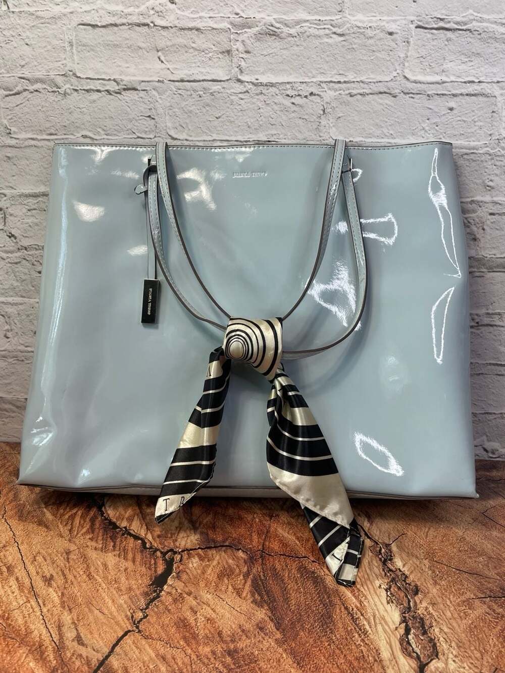 Ivanka Trump Patent Tote Light Blue Handbag With Scarf